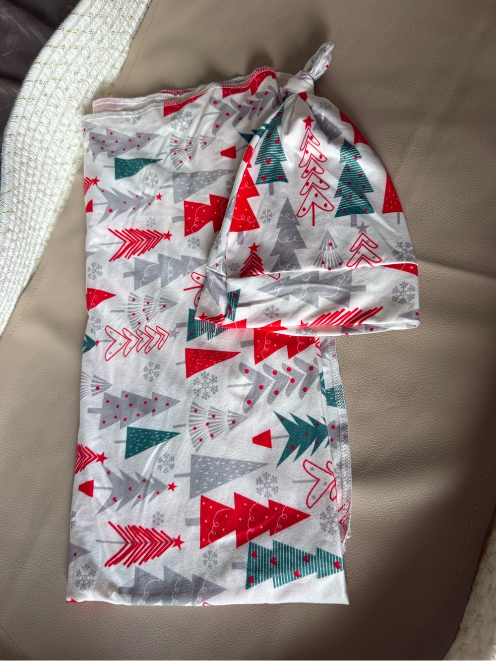 2 for $10 Holiday Tree Print Baby Swaddle & Knot Hat Set - Red, Green, Gray